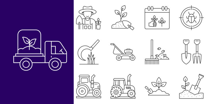 Essential Agriculture and Gardening Line Icons Collection for Farming, Plant Cultivation, and Horticultural Activities, Featuring Tools and Growth Symbols