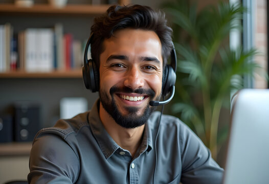 Man Wearing Headset Working at Computer in Office Space With Greenery