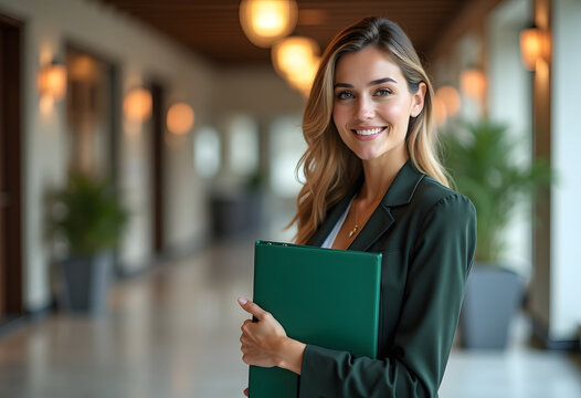 Woman Holds a Green Folder While Smiling in a Modern Hallway During Daytime