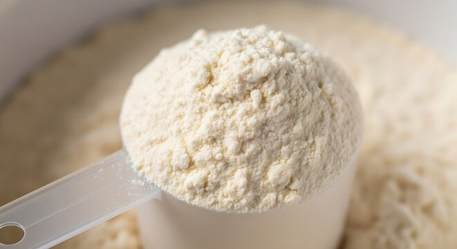 Scoop of Creamy Protein Powder on Measuring Spoon
