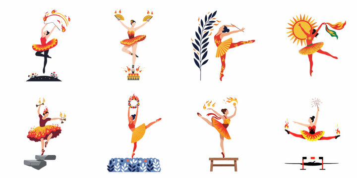 Flat vector illustration of female ballet dancers and fire performers in flame costumes using various props like torches and fans.