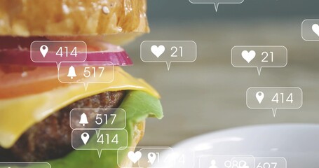 Framing burger with sesame bun, cheese, grilled patty, lettuce on wood table with social overlays © vectorfusionart