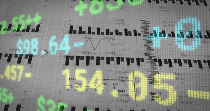 Displaying colored translucent digits covering grid paper with bar graphs, axes, year marks