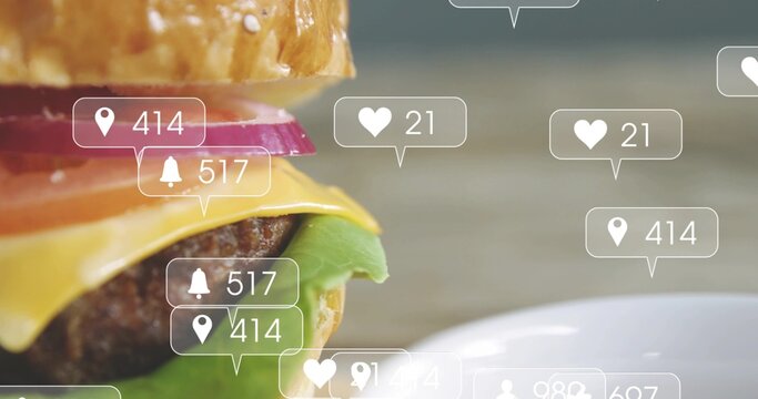 Framing burger with sesame bun, cheese, grilled patty, lettuce on wood table with social overlays