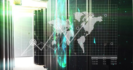Fototapeta premium Projecting holographic world map over central server racks inside data center, doorway left