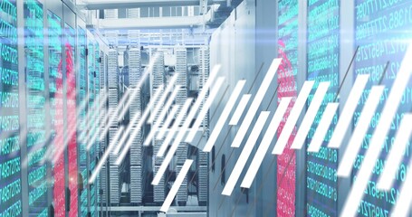Showing central aisle running through datacenter with server racks, cables, glass streaming code © vectorfusionart