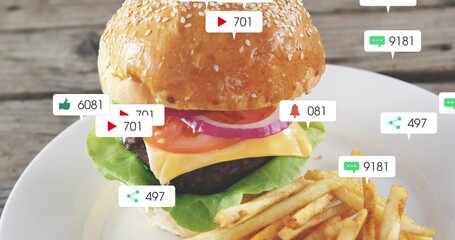 Displaying burger with sesame bun and melting cheddar over beef patty on wooden table badges shown © vectorfusionart