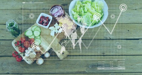 Showing centered cutting board salad merging with digital data overlay on wood table, with tomatoes © vectorfusionart