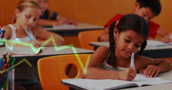 Girl writing in notebook, pen motion starting animated line graphs sweeping scene showing classwork
