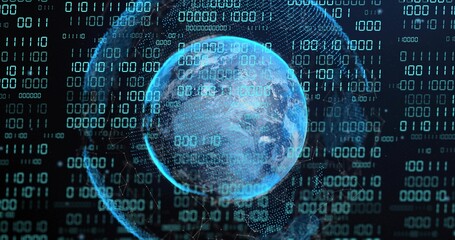 Fototapeta premium Rotating translucent blue globe orbiting digital space, streaming binary digits, wire arcs, nodes