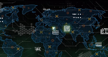 Fototapeta premium Displaying neon world map glowing on dark grid HUD, with hex tiles, yellow markers, red targets