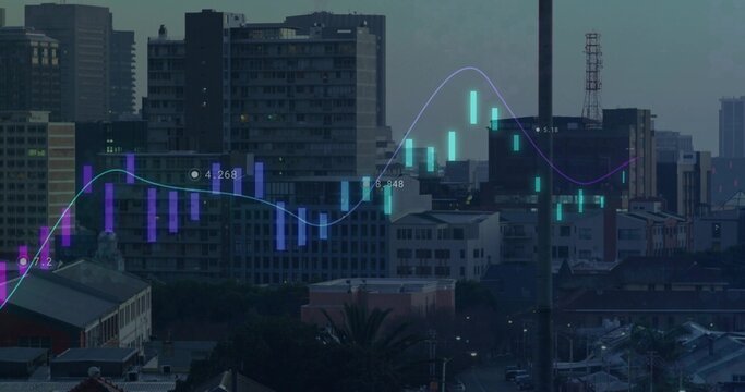 Showing translucent candlestick chart overlay across rooftop skyline at dusk, with trend line