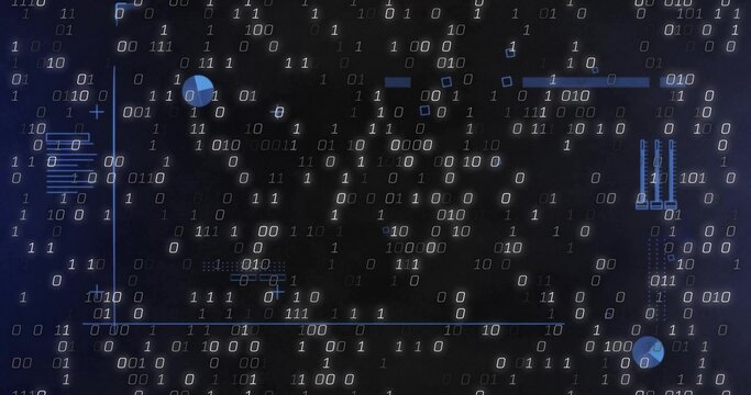 Streaming binary digits 1s 0s with neon guide lines and circular markers in abstract digital field
