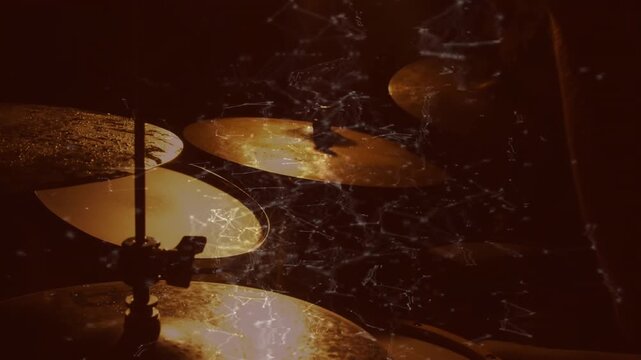 Drummer hands entering right, striking cymbals, playing rhythm for music, film grain adding texture