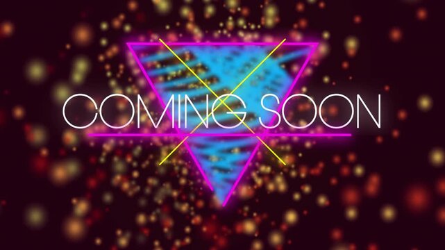 Neon emblem expanding from blue swirl triangle aligning COMING SOON showing golden sparks for promo