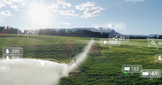 Pivot arm rotating and spraying after sprinkler starting, social icons grouping to show field reach