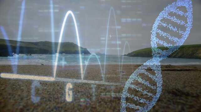 Timeline advancing, waveform peaks growing and shrinking, helix brightening, showing marine science