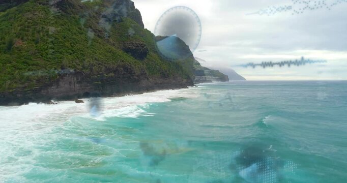 Drone shot opening, cliff facing left, tech sphere and waveform emerging, visualizing ocean data