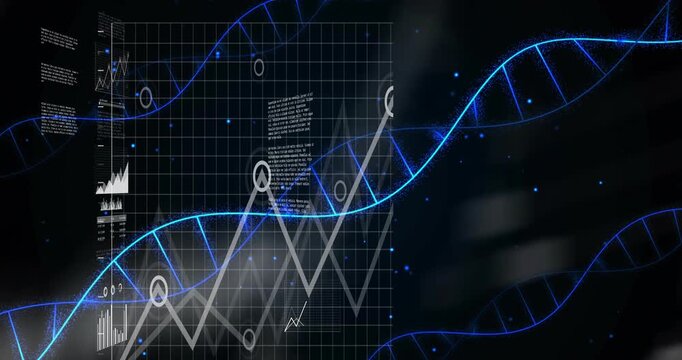 Luminous blue helix arcing from lower left, revealing line and bar charts for biotech analysis