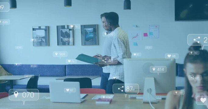 Vertical video: Two men reviewing green folder walking in biz planning, she typing icons overlaying