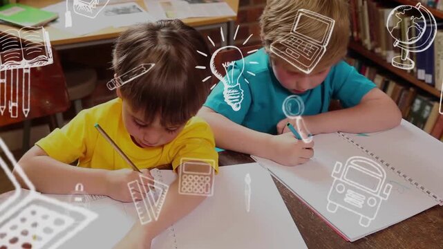 White school icons appearing over two students writing at table, drifting to highlight notebooks