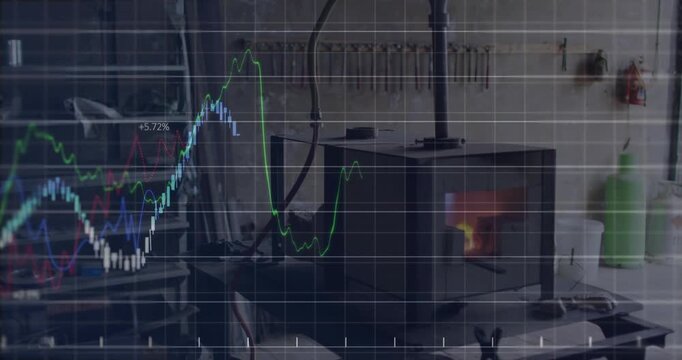 Data overlay animating from left, building multi-line graph over workshop stove flame for analytics