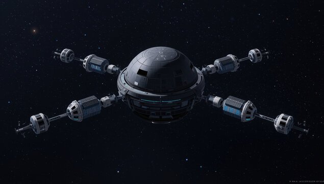 Futuristic spherical space station with four radial modules and glowing blue accents in orbit