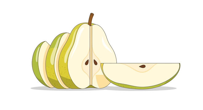 A sliced pear and a slice of pear against a white background.