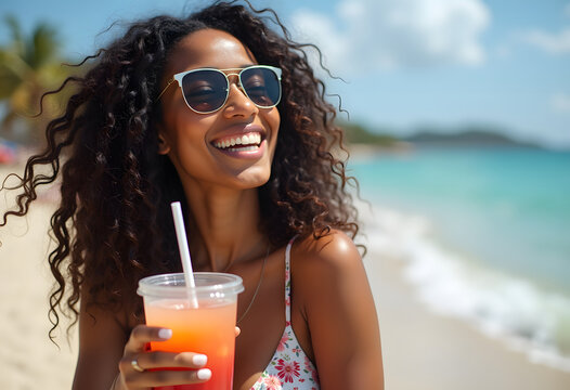 Woman Enjoying a Drink on the Beach During a Sunny Day Near the Ocean