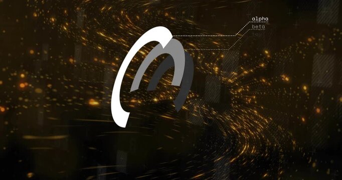 Three-segment arc logo fading in, emitting sparks while golden stream forming vortex revealing tech