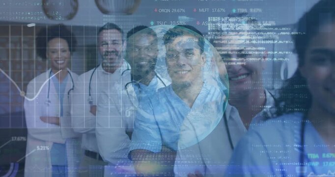 HUD appearing, clinical team posing while globe growing and data streaming to show global care