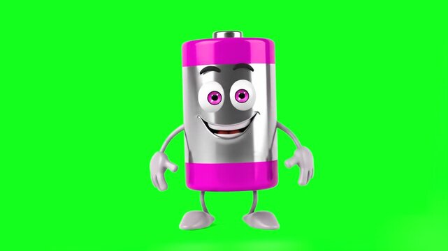 A cheerful 3D animated AA battery character with large pink eyes, a smiling face, and gloved hands, dancing happily on a green screen. This energy mascot is ideal for technology and product advertisem