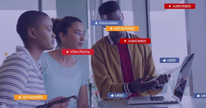Left woman tapping phone while team watching, alerts stacking then fading, guiding campaign review