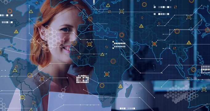 Woman holding folder in business meeting, map emerging over woman, animating HUD and revealing data