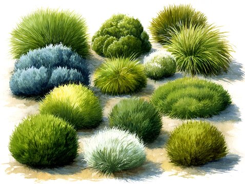 Various green ornamental grasses and leafy shrubs form a textured decorative display in a natural watercolor style illustration art piece.