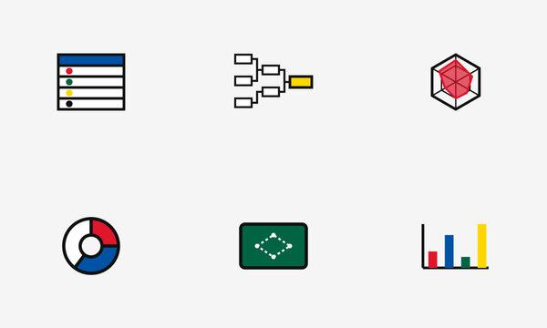 Hand-drawn collection of colorful infographic elements including tournament brackets, bar charts, and radar graphs for financial authentic illustration