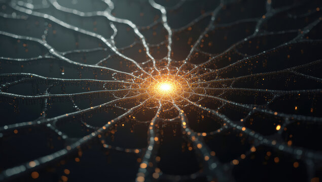 Glowing neural network core connected by filament strands, radiant warm center