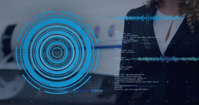 Woman exec entering frame and gazing at blue HUD, code and waveform overlaying her showing data