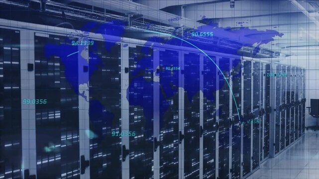 Blue map fading in over racks, starting telemetry and arcs expanding, showing global links