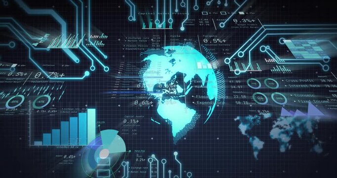 On load holographic cyan globe rotating in analytics HUD, revealing continents and updating charts