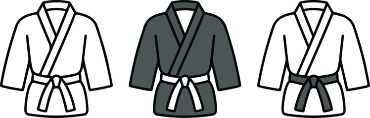 Minimalist vector set of karate gi uniform icons featuring outline silhouette and black flat color design styles for martial arts and sport projects. © MD