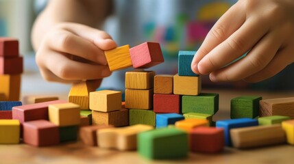 Naklejka premium Child playing with colorful wooden blocks
