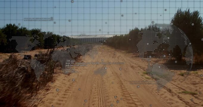 Playback starting, sandy road with dotted world-map overlay moving forward, showing route progress