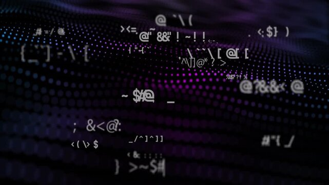 Receiving data pulse, glyphs appearing and clustering over undulating dot-matrix, showing data flow