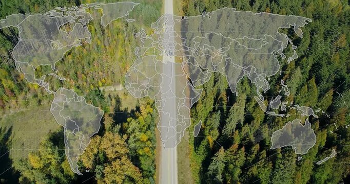 Vehicle driving rural road while world map overlay fading in with hex pattern enabling tech mapping