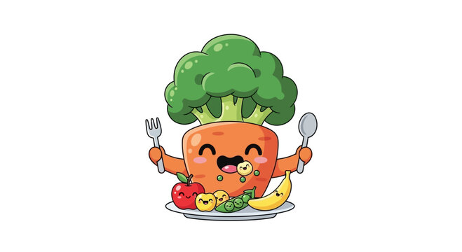 Happy Carrot Character Eating Healthy Food, Broccoli Head, Fruit Plate