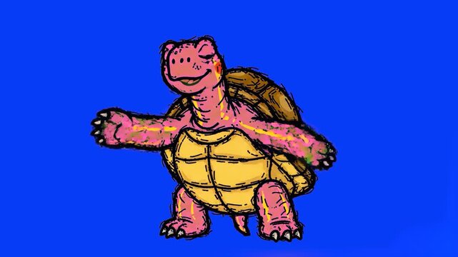 A cheerful 2D cartoon turtle with a yellow shell dances energetically with open arms. The loopable vector character animation is set against a solid blue studio backdrop.