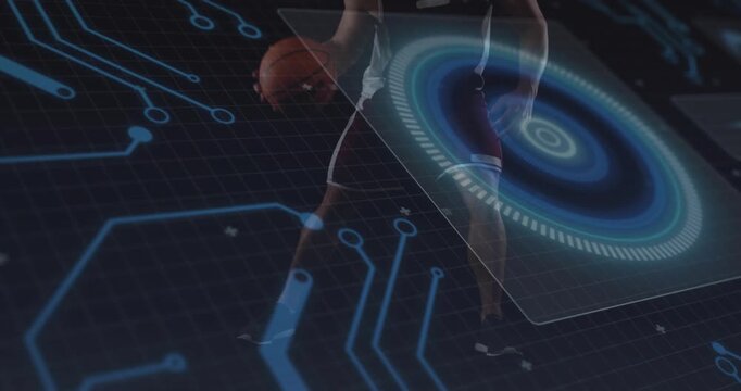Athlete doing steady dribble on grid floor on holo panel appearance, syncing ball for tech training
