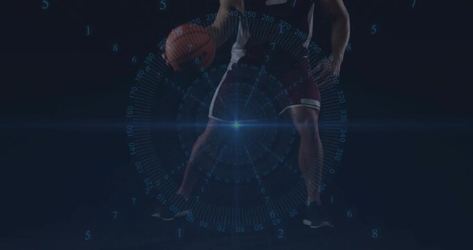 Male athlete initiating dribble by bouncing ball, performing crossover, training HUD data rotating