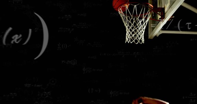 Basketball player sprinting toward hoop, gathering ball, leaping, dunking with formulas overlaying